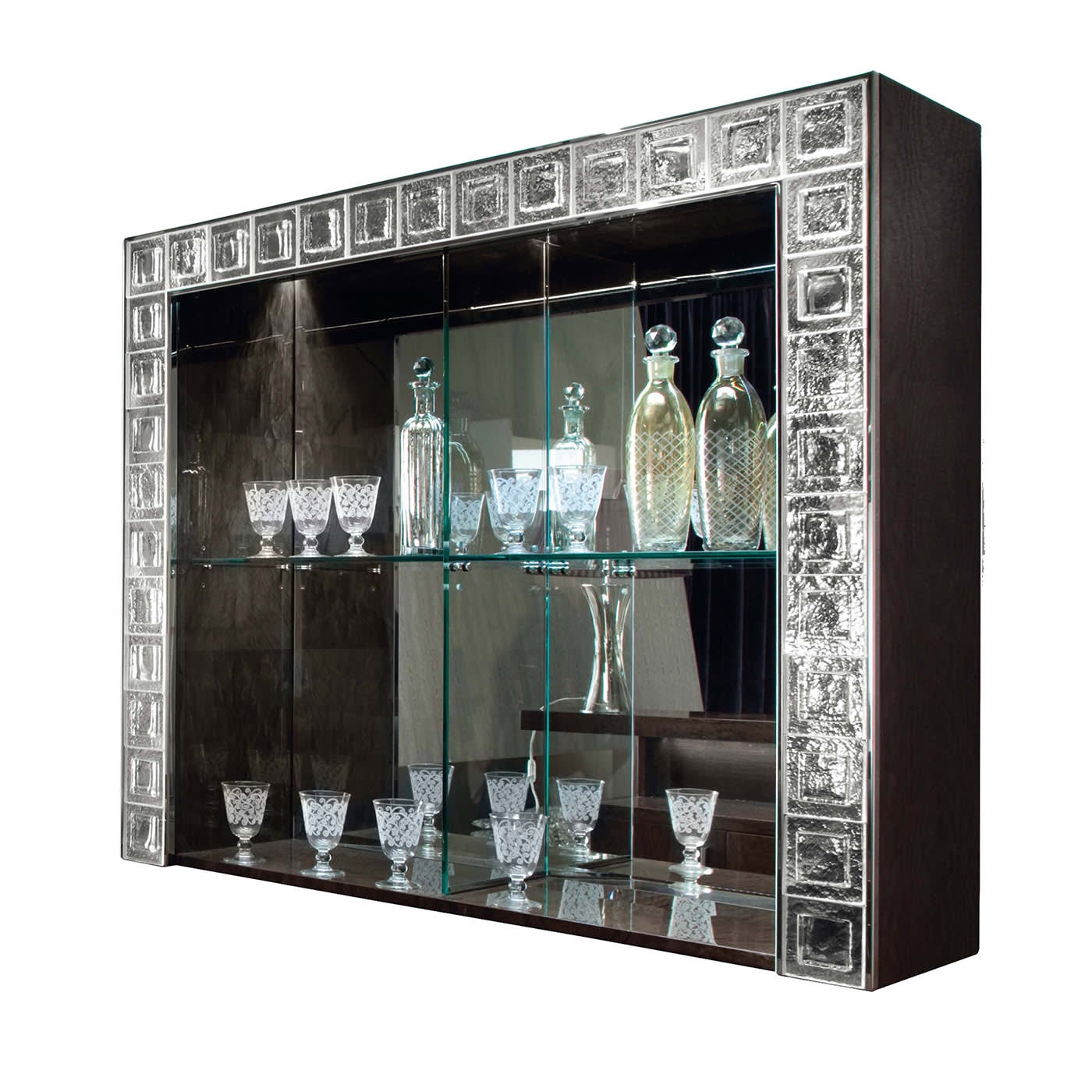 Bar Cabinet Textured Glass Border Mirrored Interior