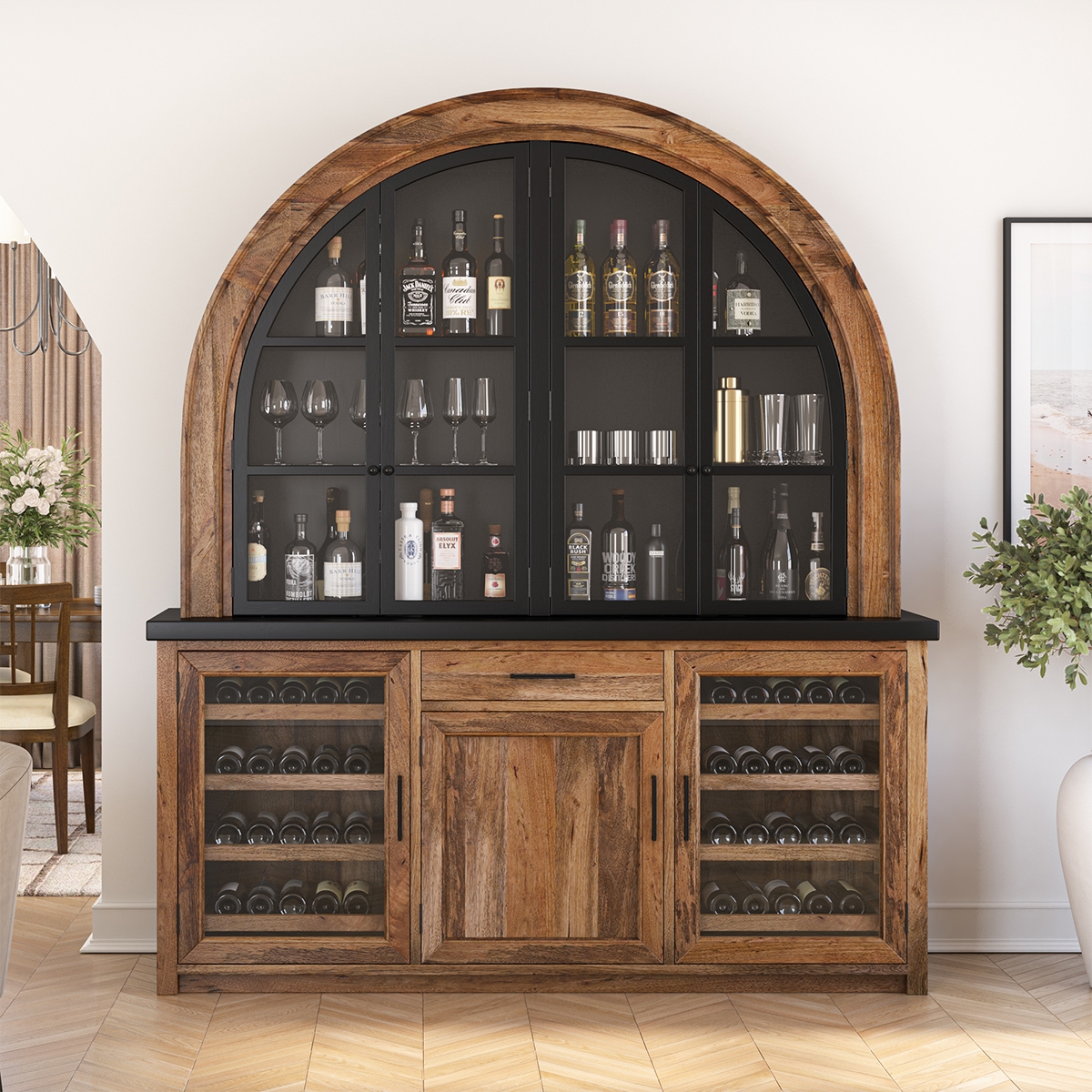 Bar Cabinet Two Tone with Arched Top Wine Storage
