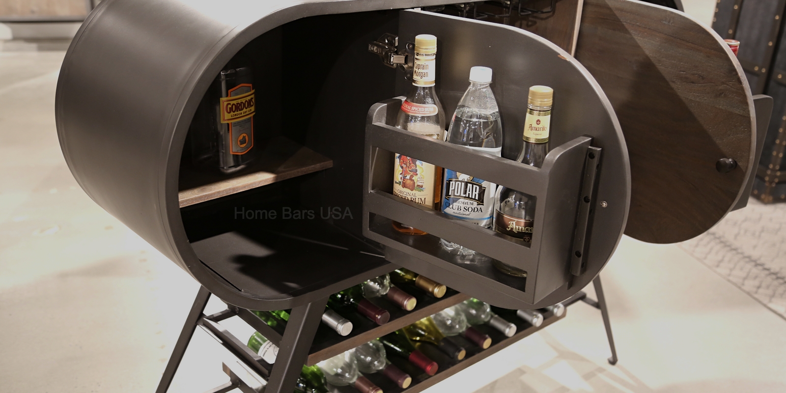 Bar Cabinet with Barrel Shape and Door Mounted Rack