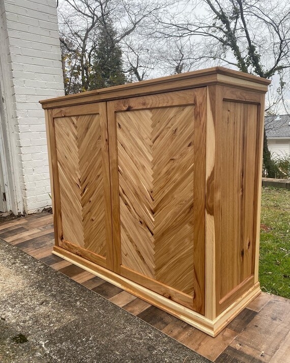 Bar Cabinet with Chevron Pattern and Hickory Wood Finish