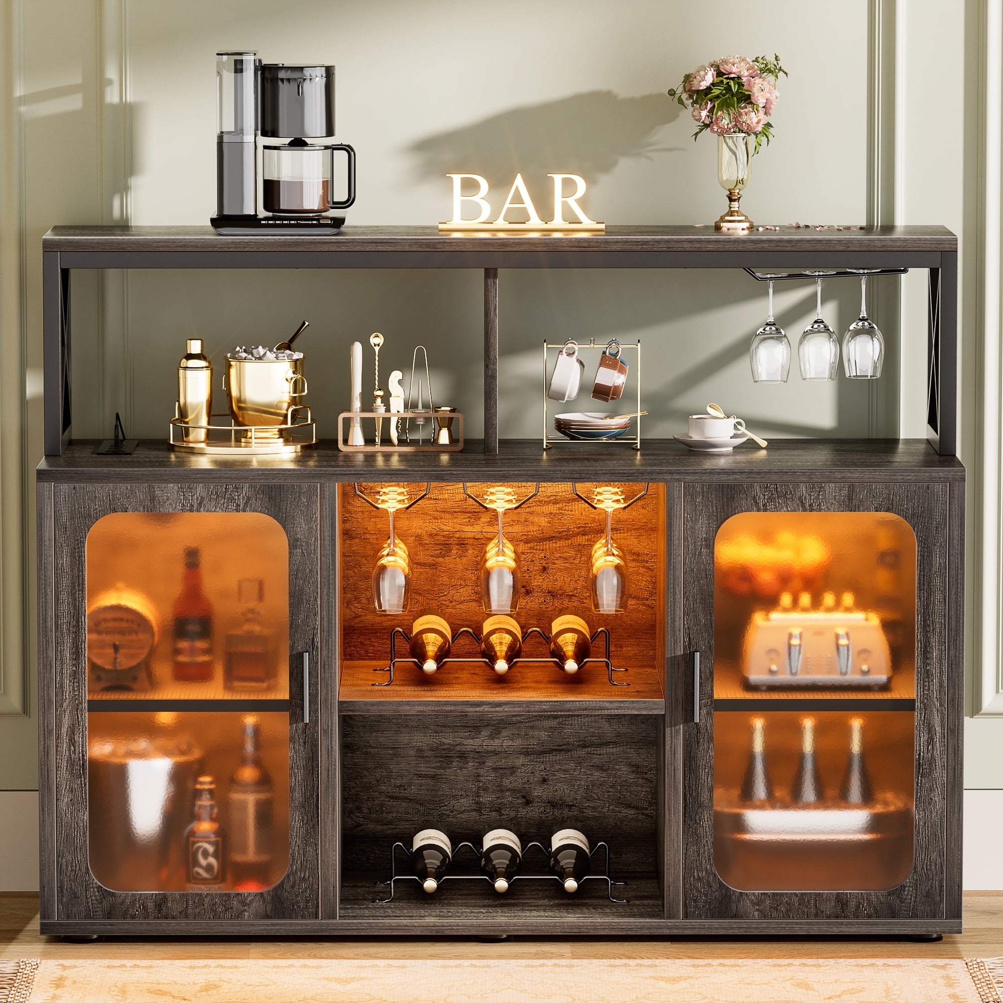 Bar Cabinet with Integrated Lighting and Gray Oak Finish
