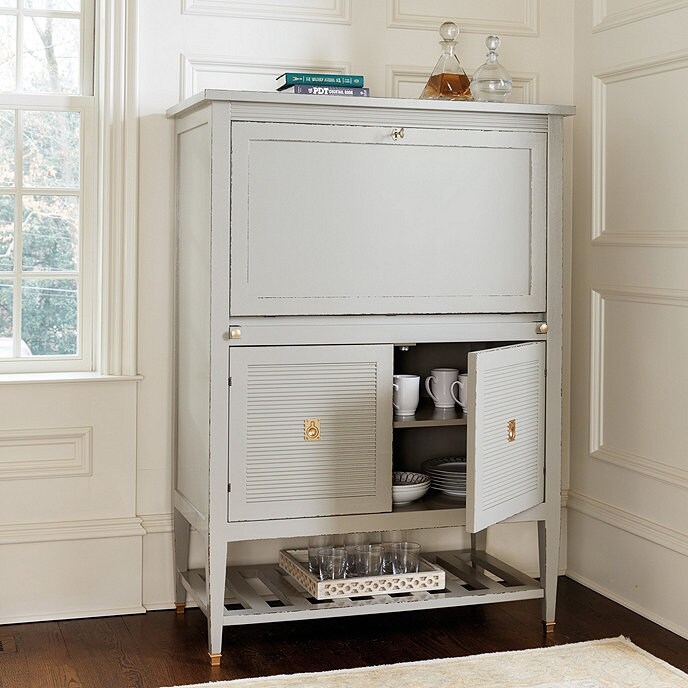 Bar Cabinet with Louvered Doors and Distressed Gray Finish