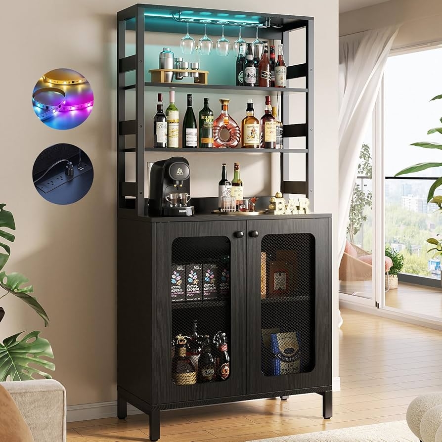 Bar Cabinet with Mesh Doors and Black Industrial Bar Hutch