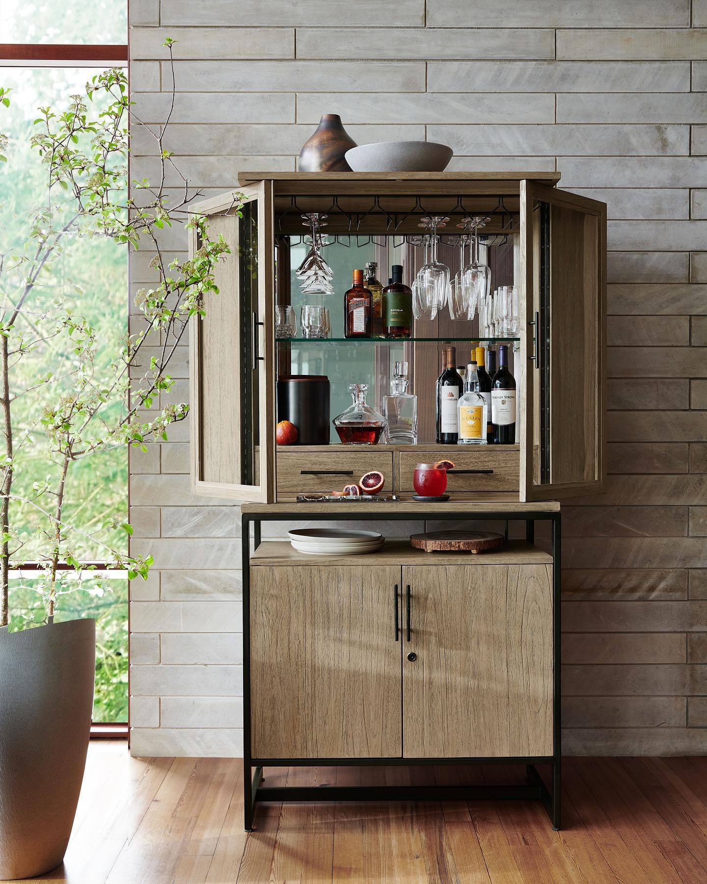 Bar Cabinet with Mirrored Back and Metal Frame Storage