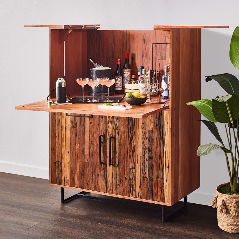 Bar Cabinet with Planked Front and Fold Out Top Wings