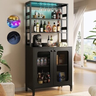 Bar Cabinet with Power Outlets and LED Mesh Doors