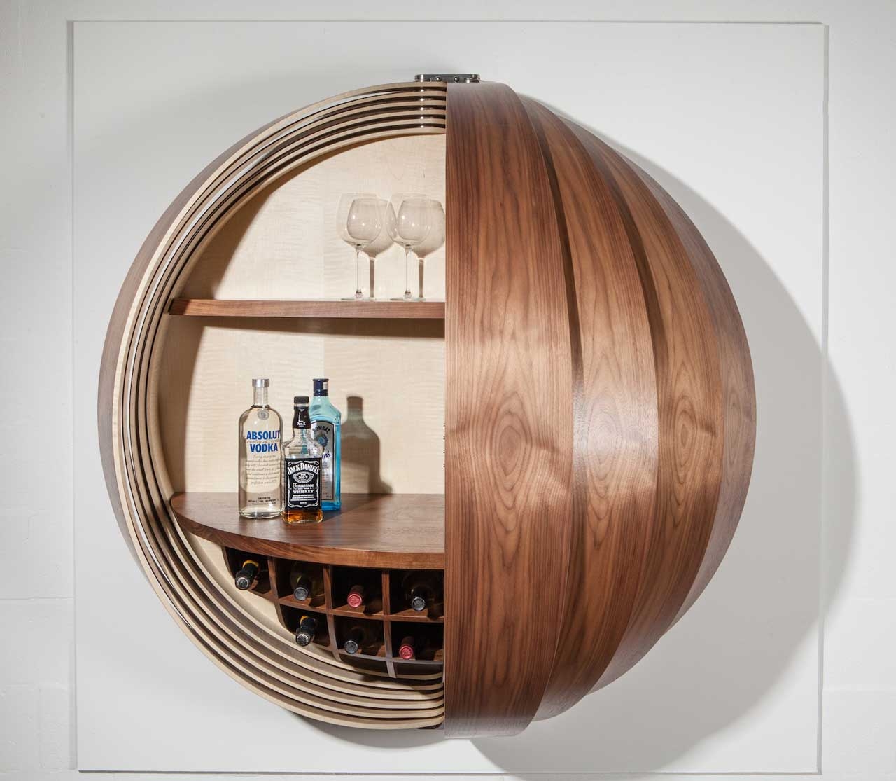 Bar Cabinet with Retractable Slats and Sculptural Wall Bar