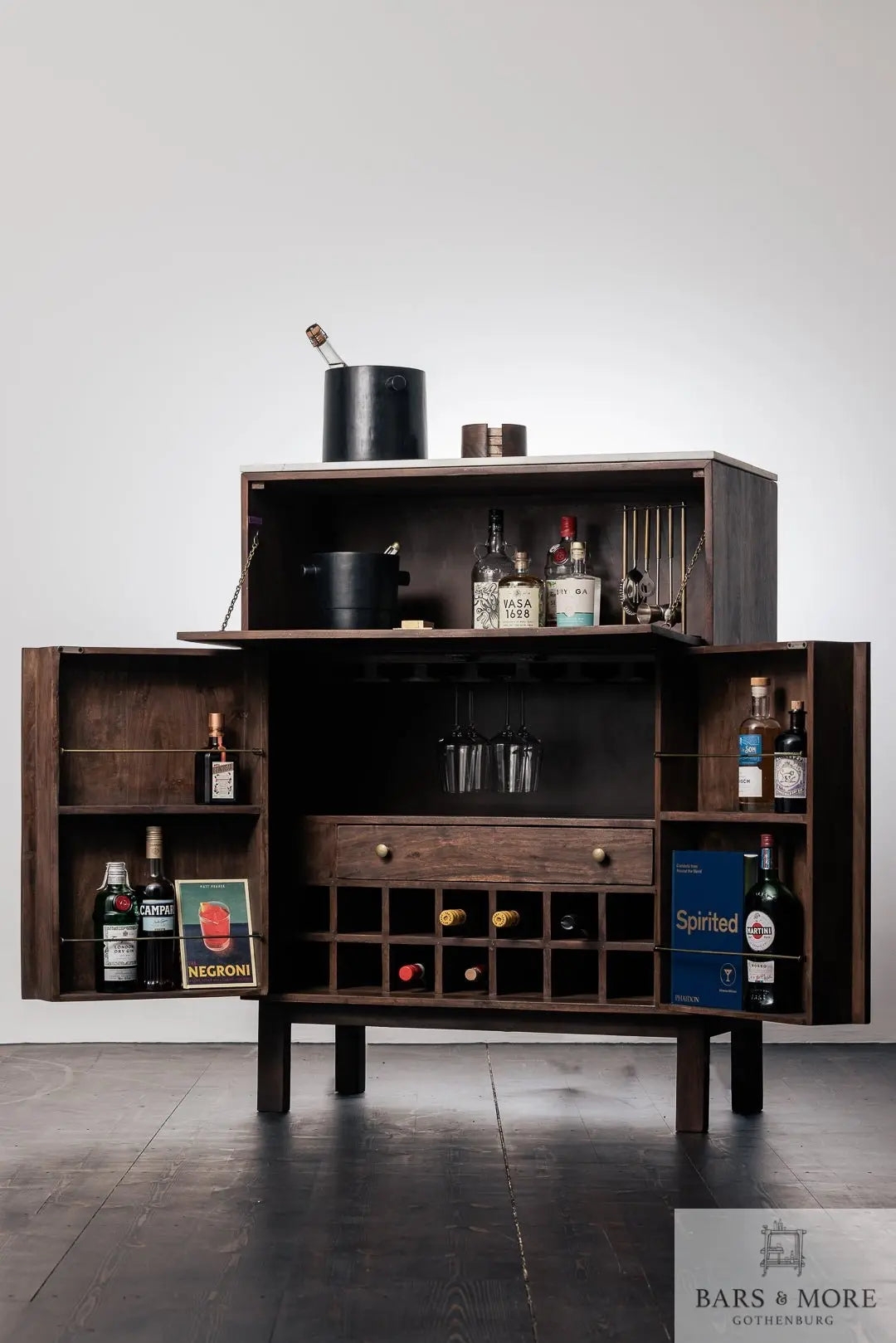 Bar Cabinet with Stone Like Top and Wine Bottle Grid