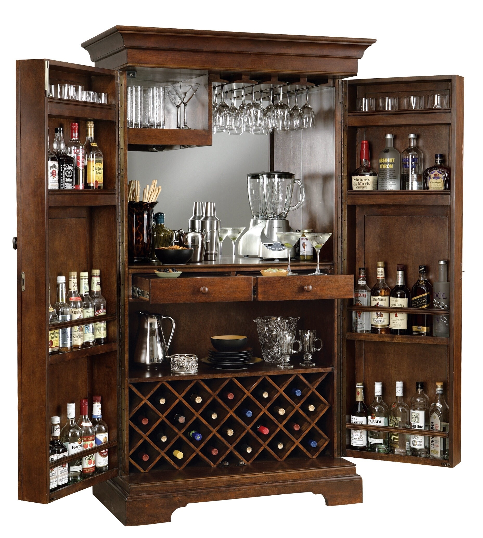 Bar Cabinet with Swing Out Doors and Diamond Wine Rack