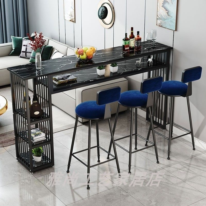 Bar Counter Table Double Layer Blue Velvet Bar Stools