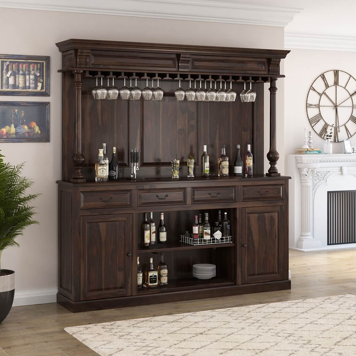 Bar Hutch with Turned Pillars and Rustic Wood Bar Storage