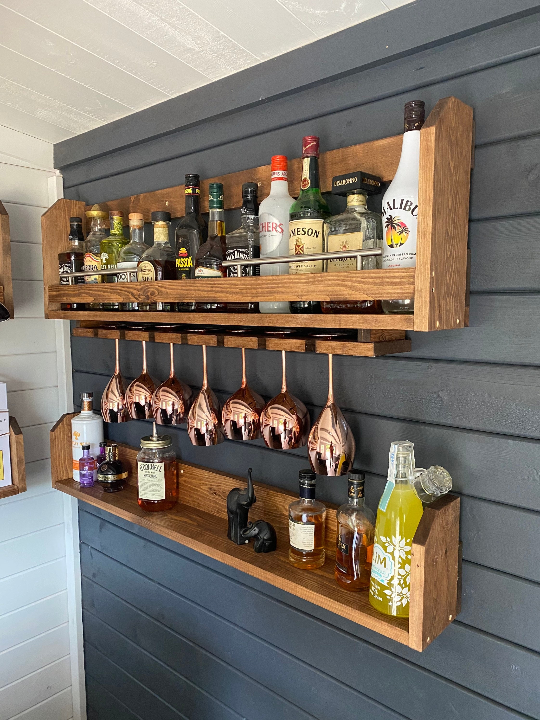 Bar Rack: Copper Glass Hangers and Pine Wood Construction