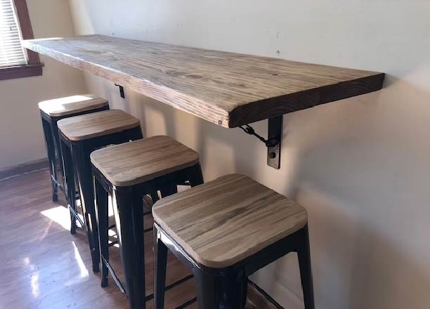 Bar Set: Rustic Wood Slab with Matte Black Metal Stools
