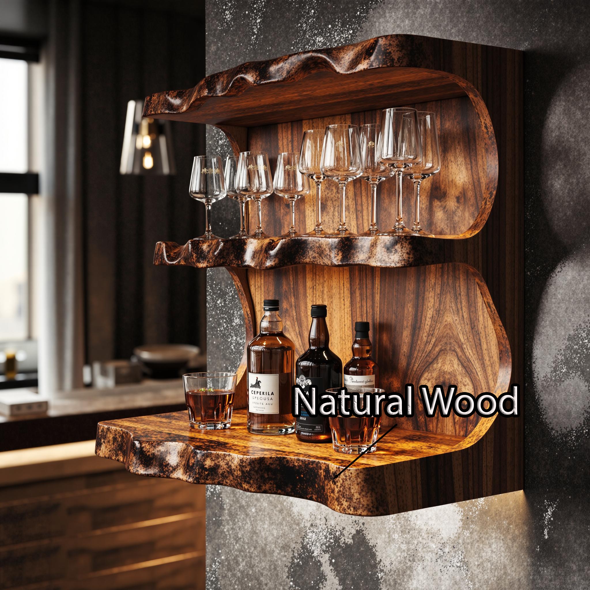 Bar Shelf with Live Edge Shelving and Curved Wall Bar Shelf