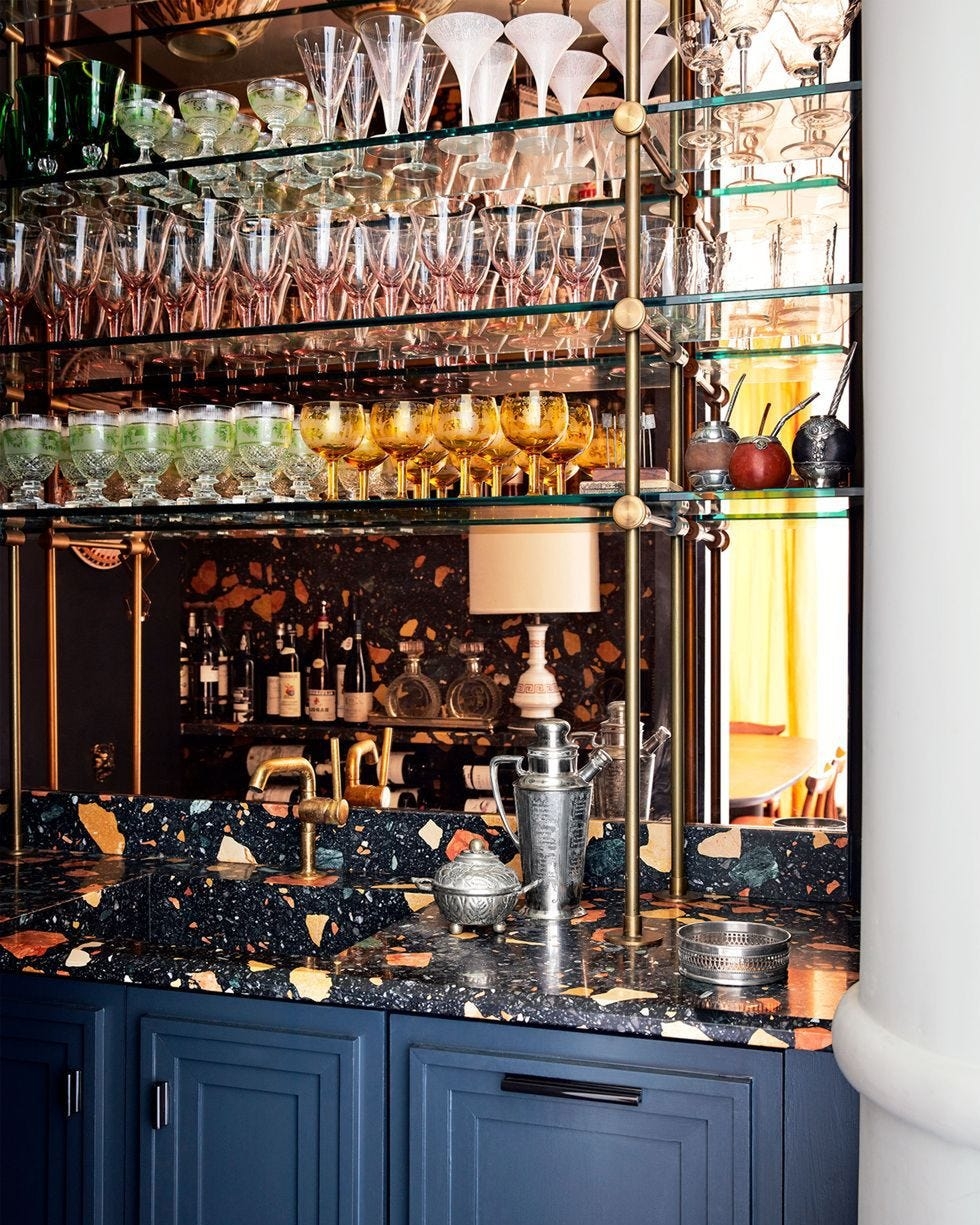Bar Shelving with Black Terrazzo Countertop and Maximalist Design
