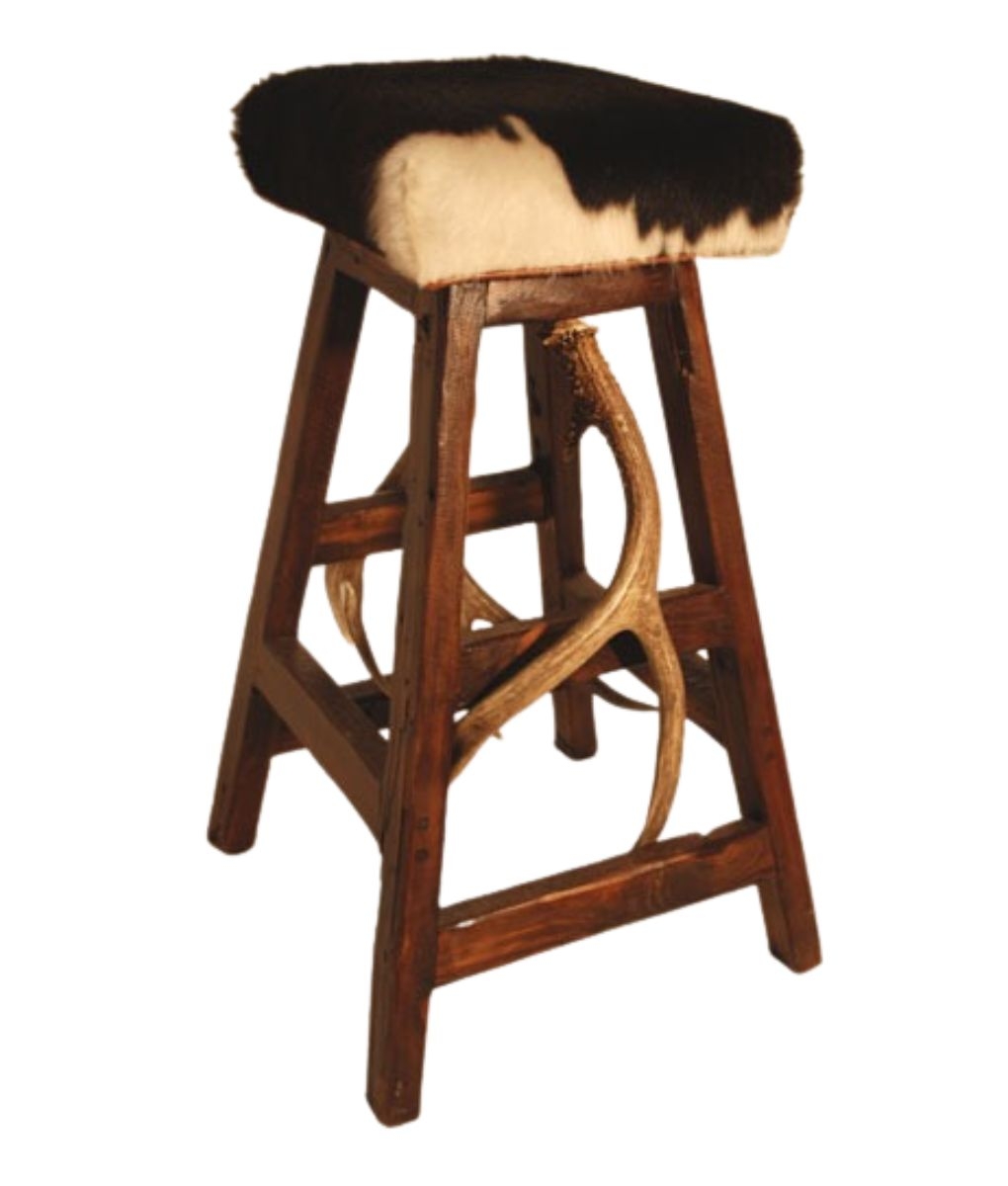 Bar Stool: Cowhide Antler Base Rustic Wood Stool