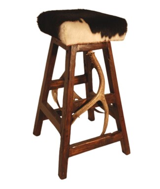 Bar Stool: Cowhide Antler Base Rustic Wood Stool