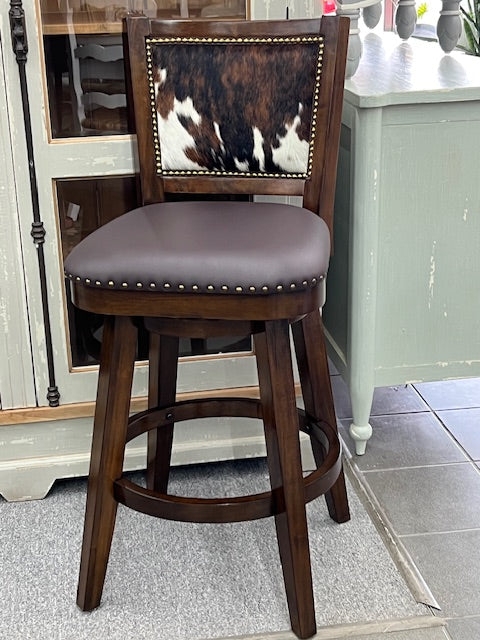 Bar Stool: Cowhide Swivel Brass Nailhead Panel Stool