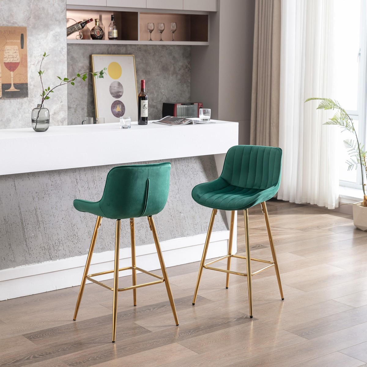 Bar Stool Emerald Green Velvet Channel Tufted Bar Seating
