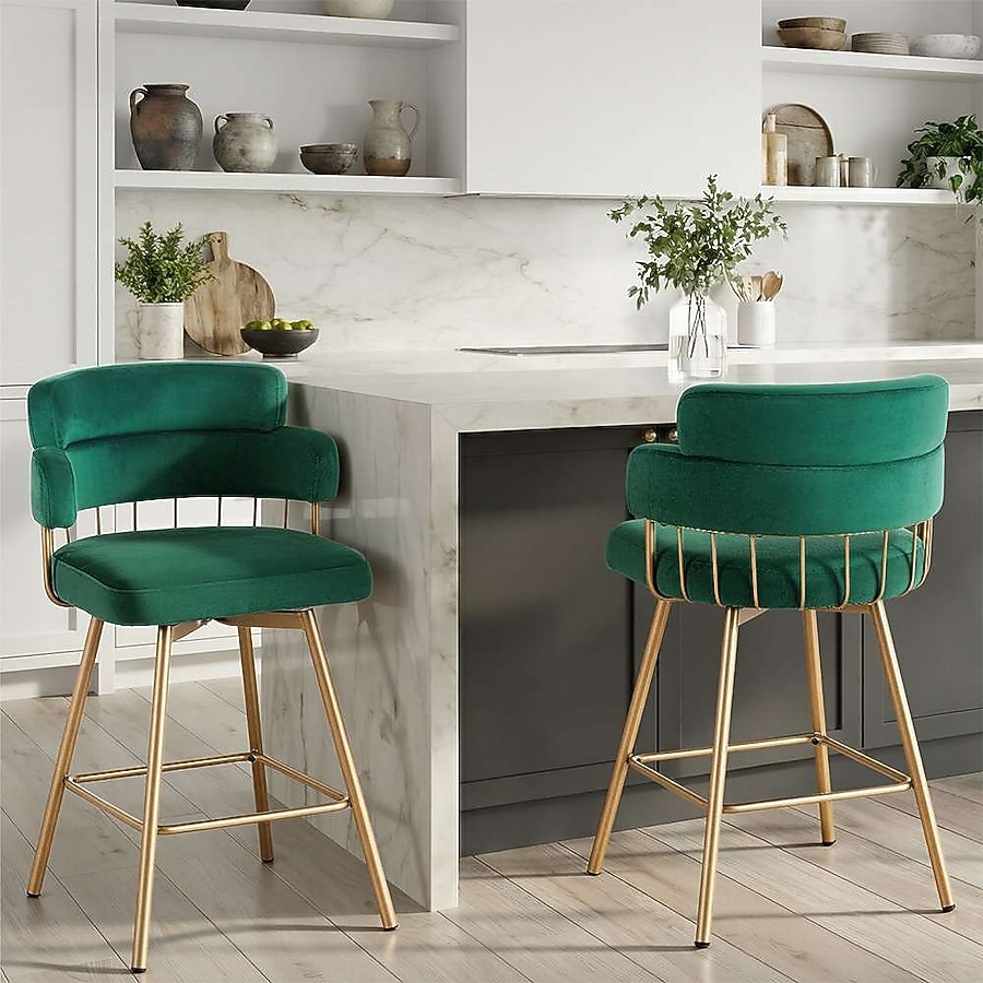 Bar Stool Emerald Velvet Gold Slat Back Swivel Counter Stools