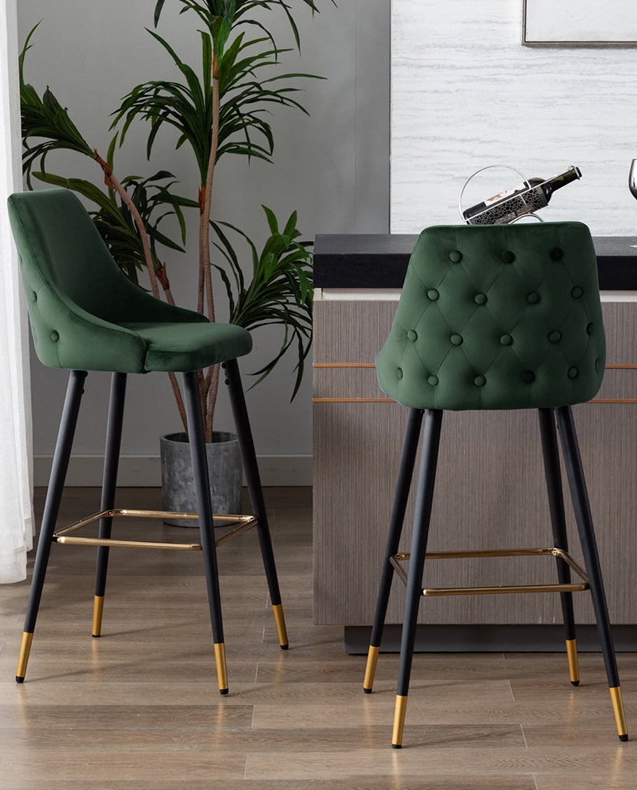 Bar Stool Green Velvet Gold Tips Tufted Back Counter Chairs
