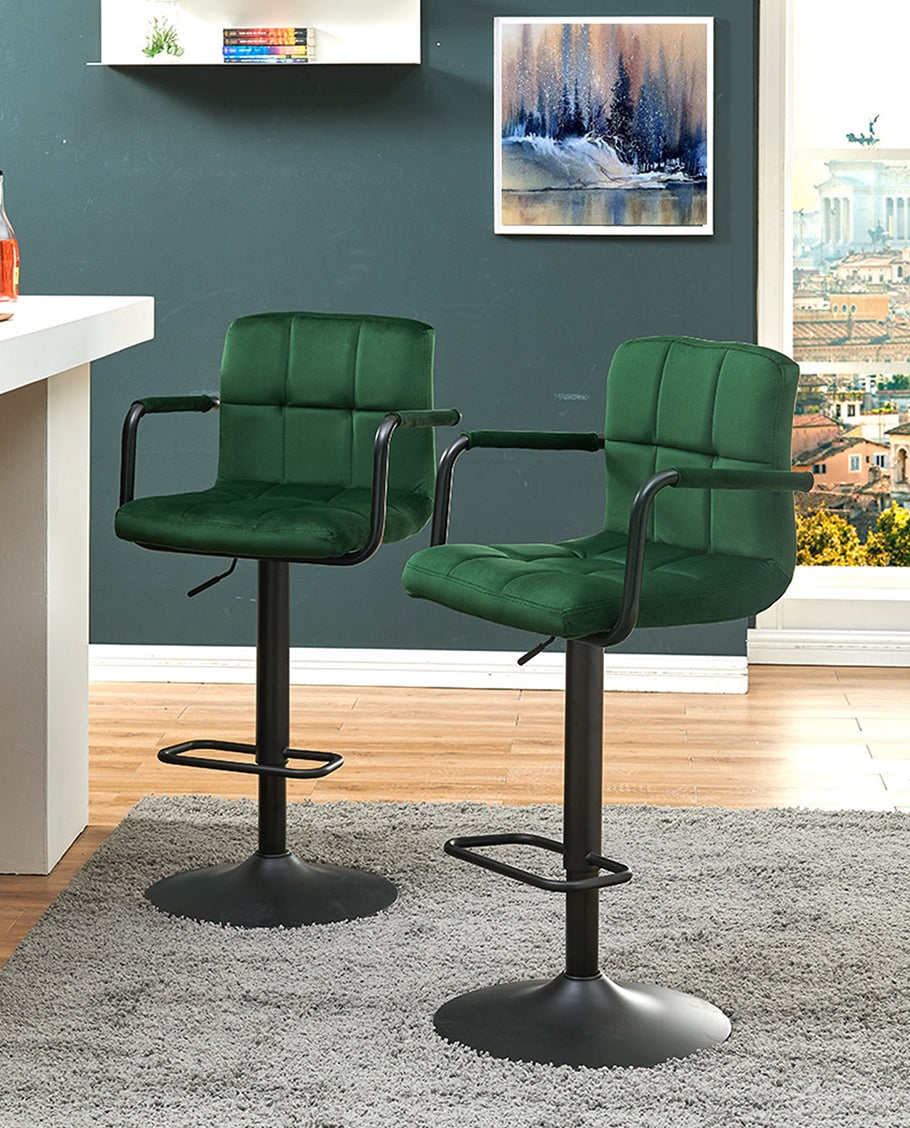 Bar Stool Green Velvet Quilted Adjustable Swivel Counter Stools