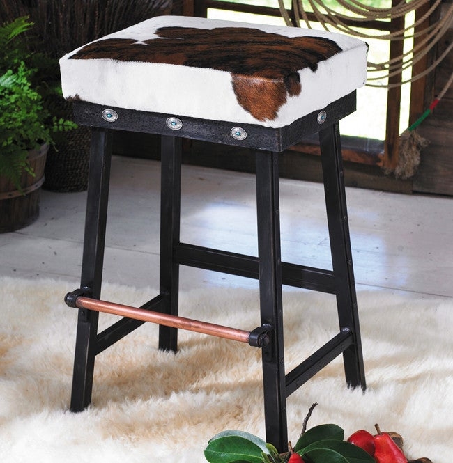 Bar Stool: Iron Frame Turquoise Concho Cowhide Stool