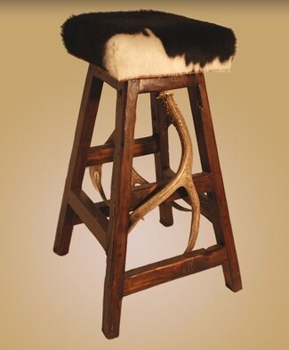 Bar Stool: Lodge Antler Accent Natural Cowhide Stool