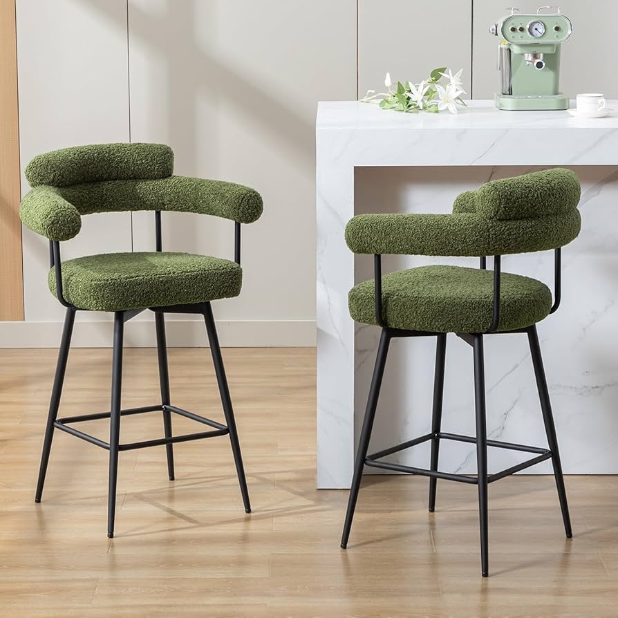 Bar Stool Moss Green Boucle Seat Sherpa Swivel Counter Chairs