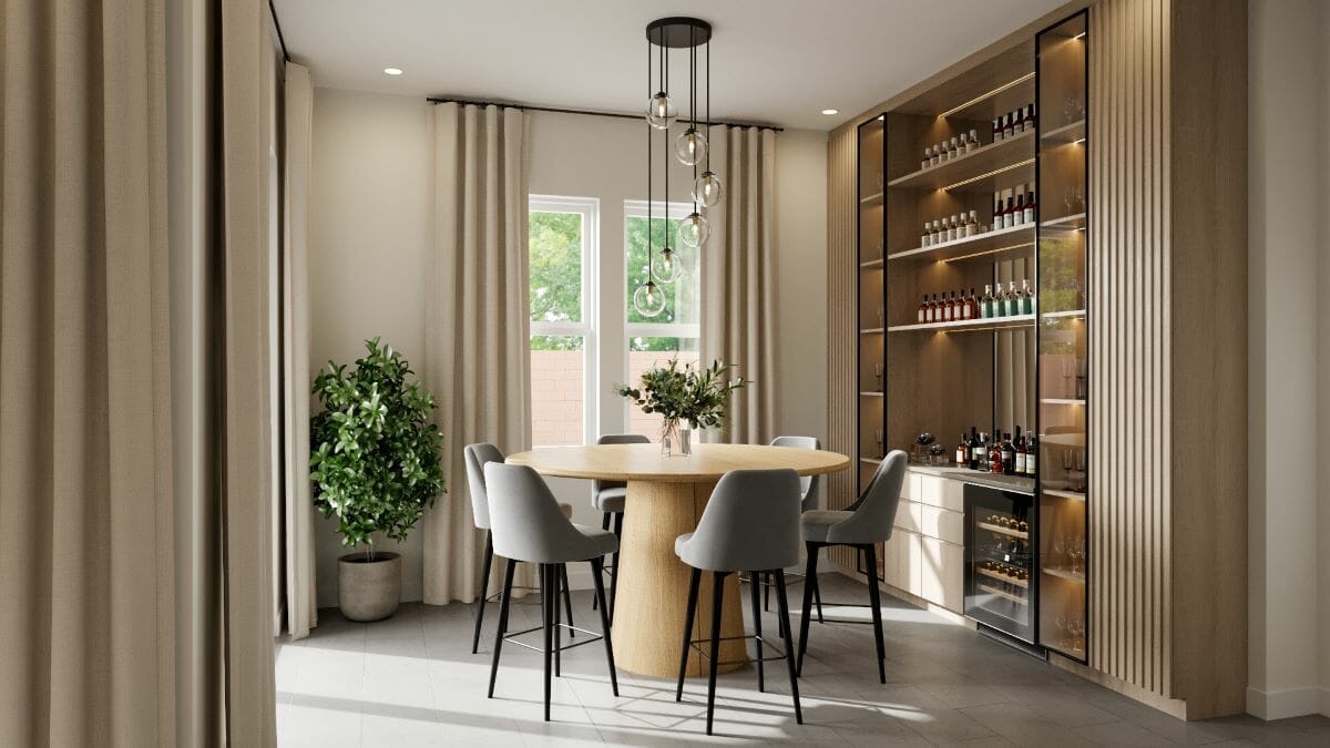 Bar Stool Seating with Slatted Wood Accents and Glass Pendants