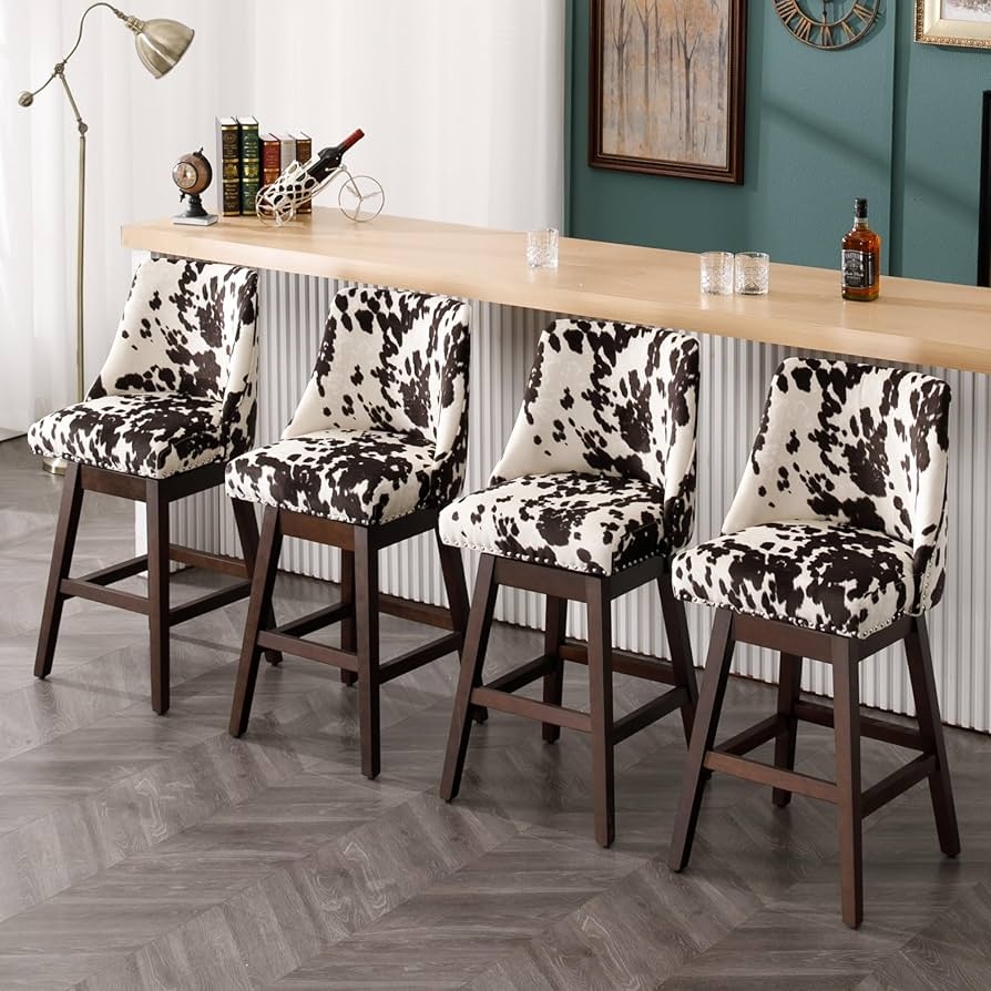 Bar Stool Set of Four with Farmhouse Cowhide Print