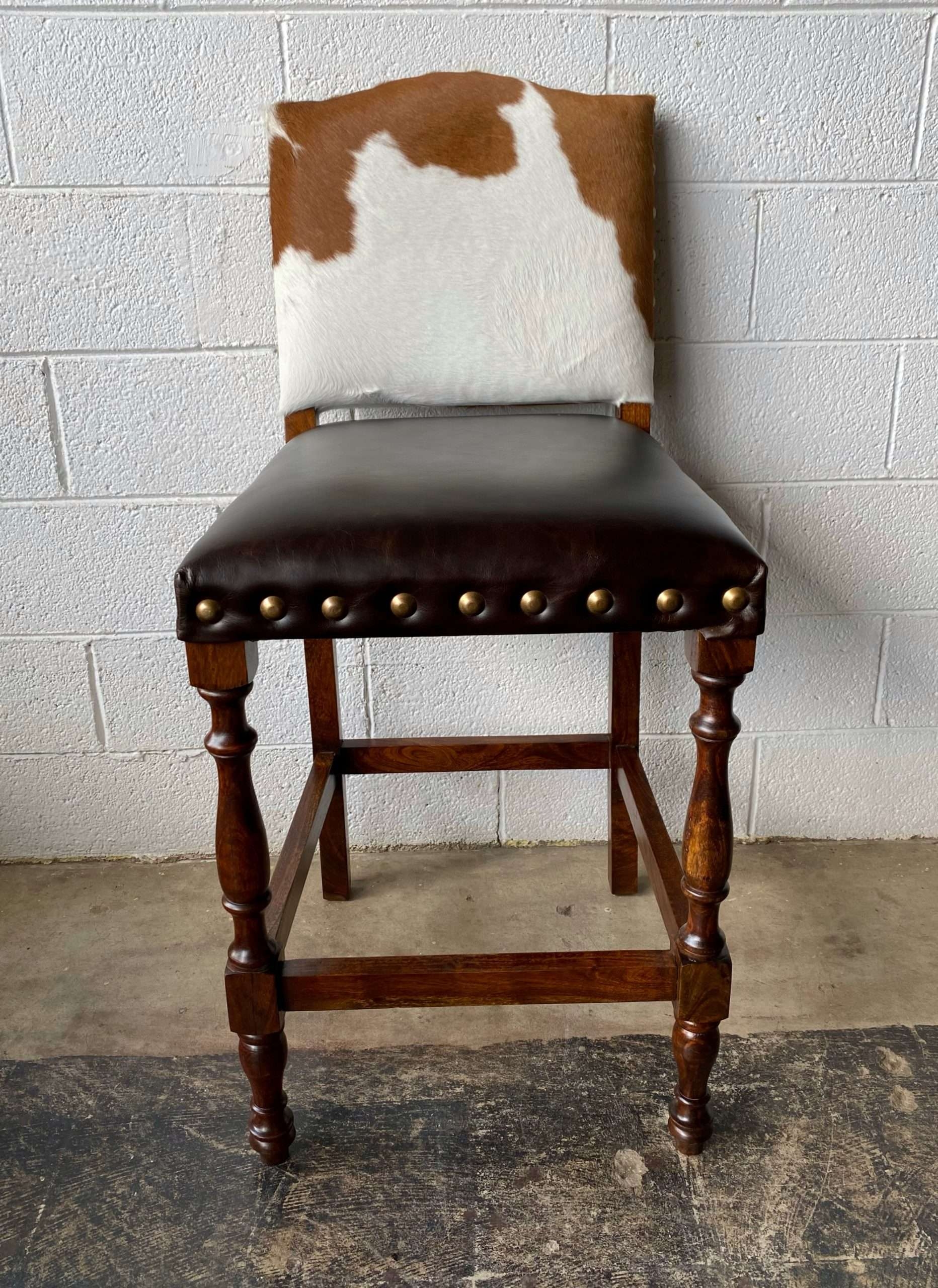 Bar Stool: Turned Spindle Leg Cowhide Back Chair