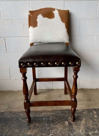 Bar Stool: Turned Spindle Leg Cowhide Back Chair