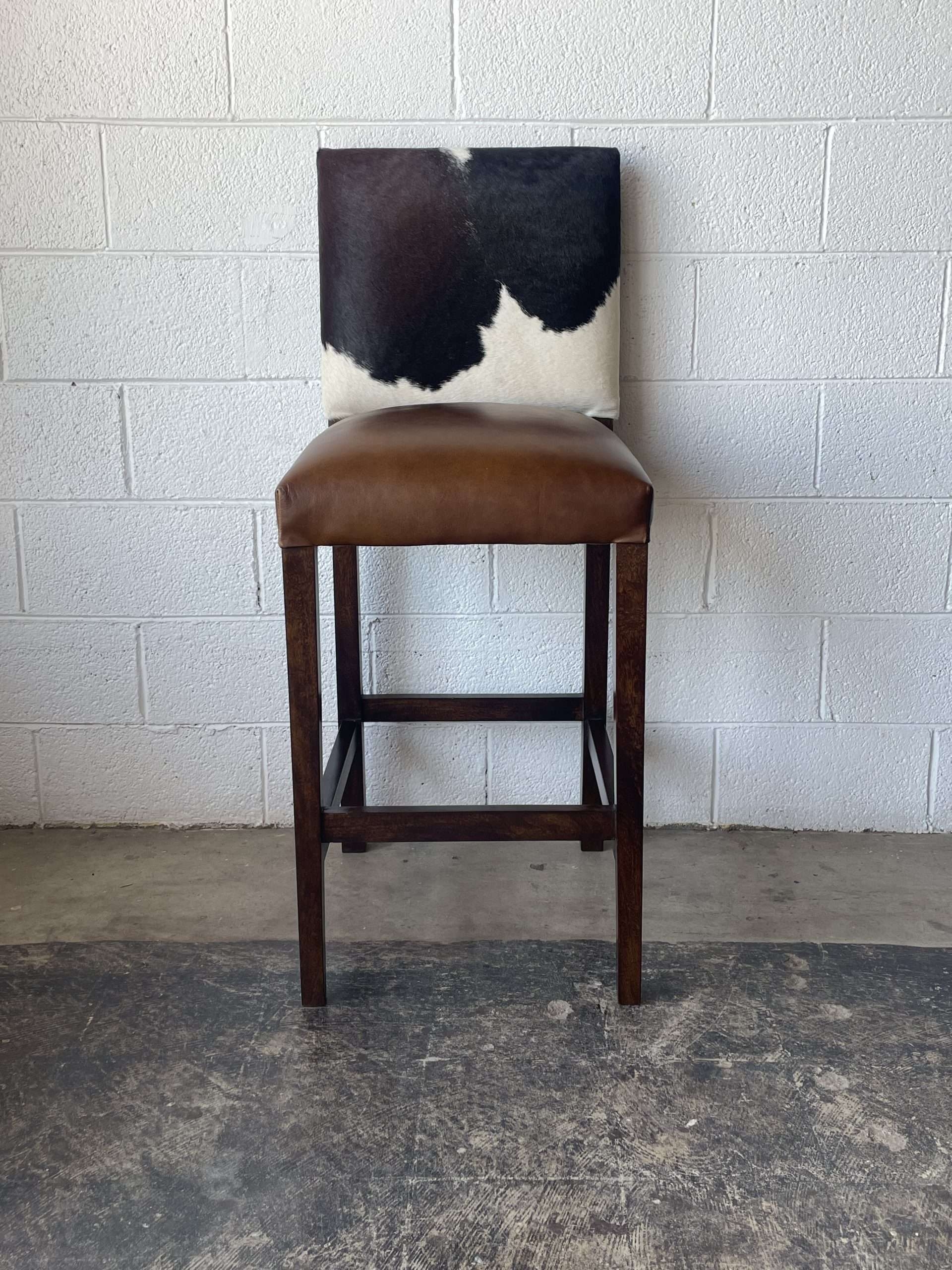 Bar Stool: Western Industrial Cognac Leather Hide Stool
