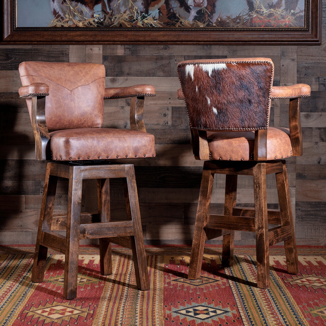 Bar Stool: Western Swivel V-Stitched Cowhide Back Stool