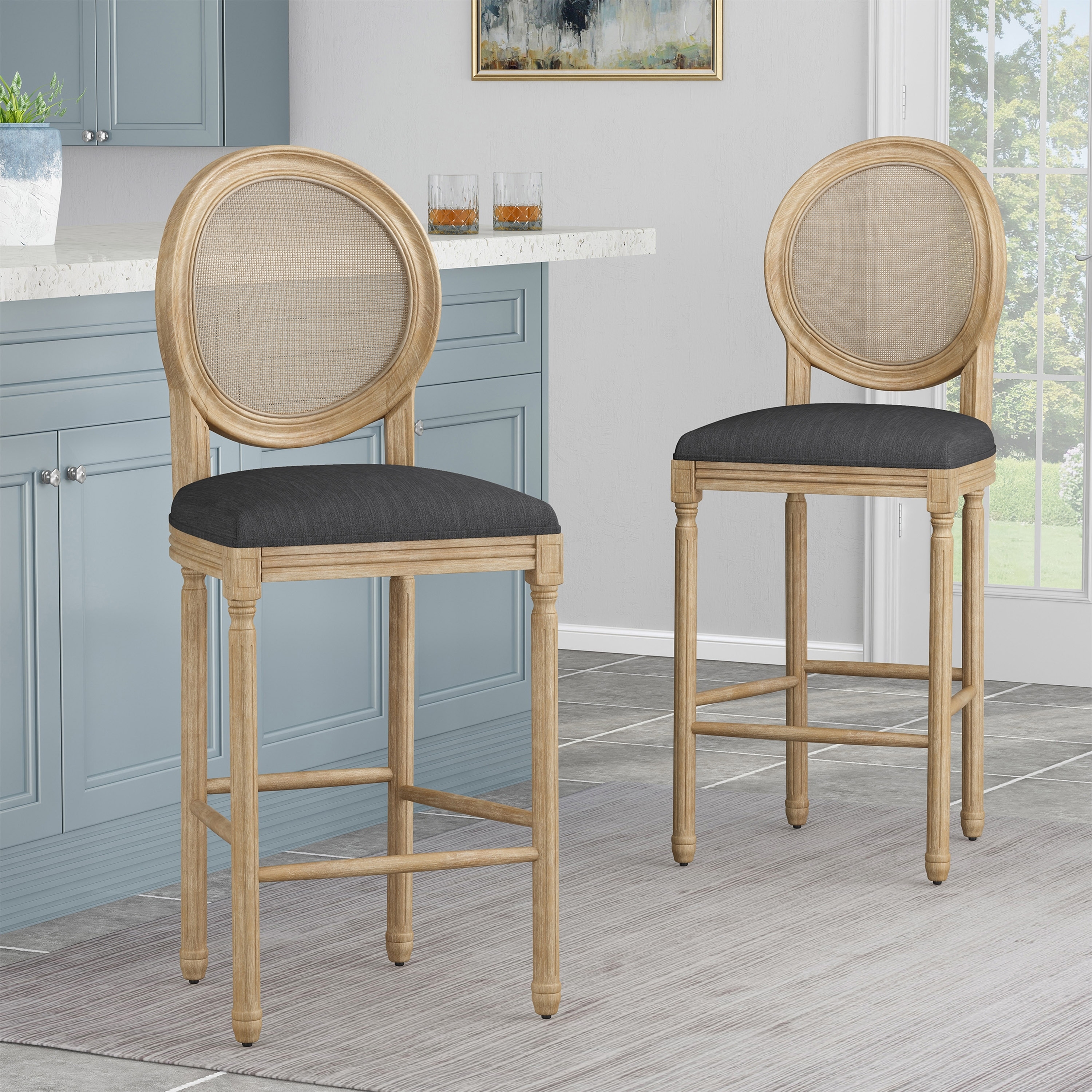 Bar Stool with Charcoal Upholstery and Woven Cane Back