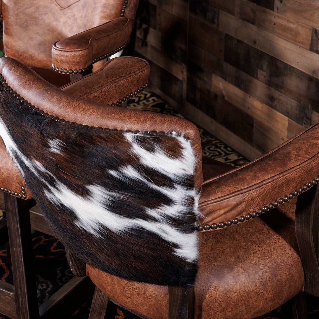 Bar Stool with Cowhide Back Panel and Western Leather