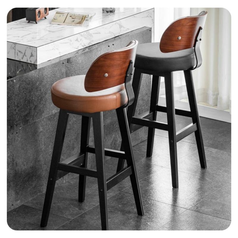 Bar Stool with Curved Wood Backrest and Tapered Legs