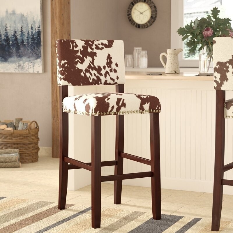 Bar Stool with Dark Stain Legs and Nailhead Trim