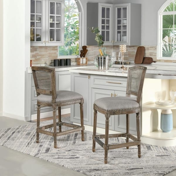 Bar Stool with Heathered Gray Linen and Cane Back