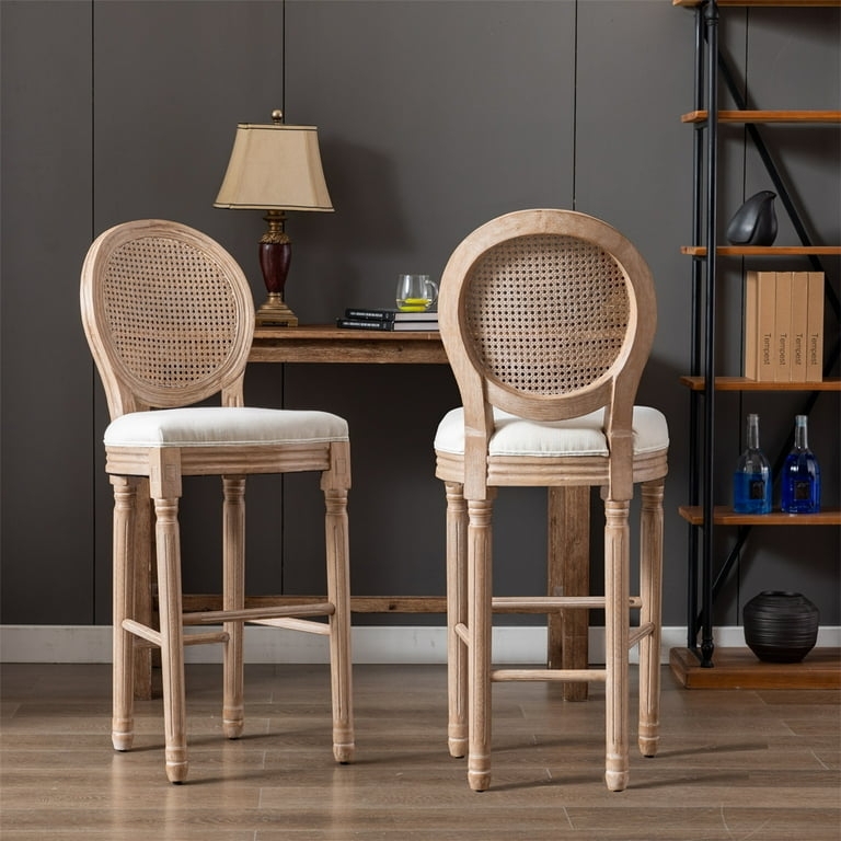 Bar Stool with Rattan Cane Back and Weathered Finish