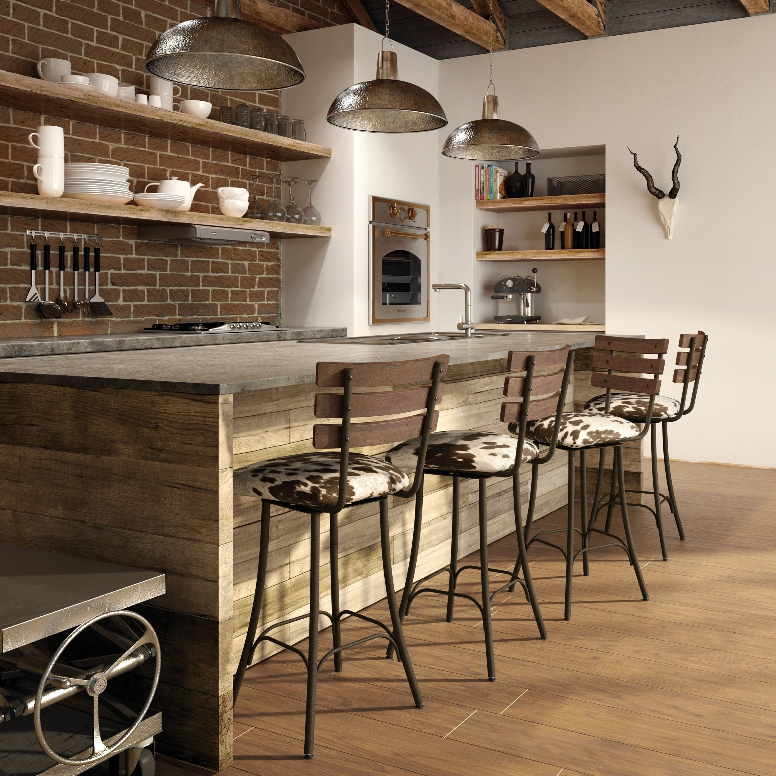 Bar Stool with Slat Backrest and Kitchen Island Seat