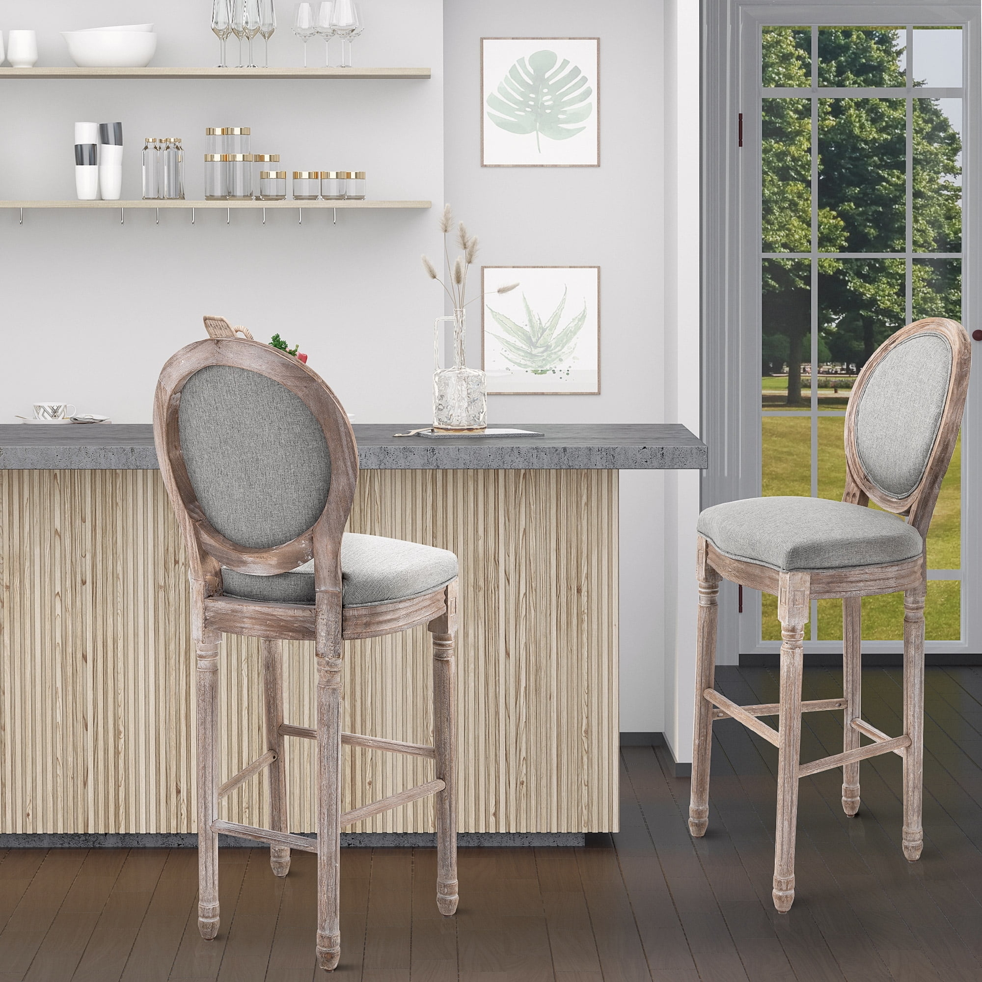 Bar Stool with Soft Gray Fabric and Medallion Back