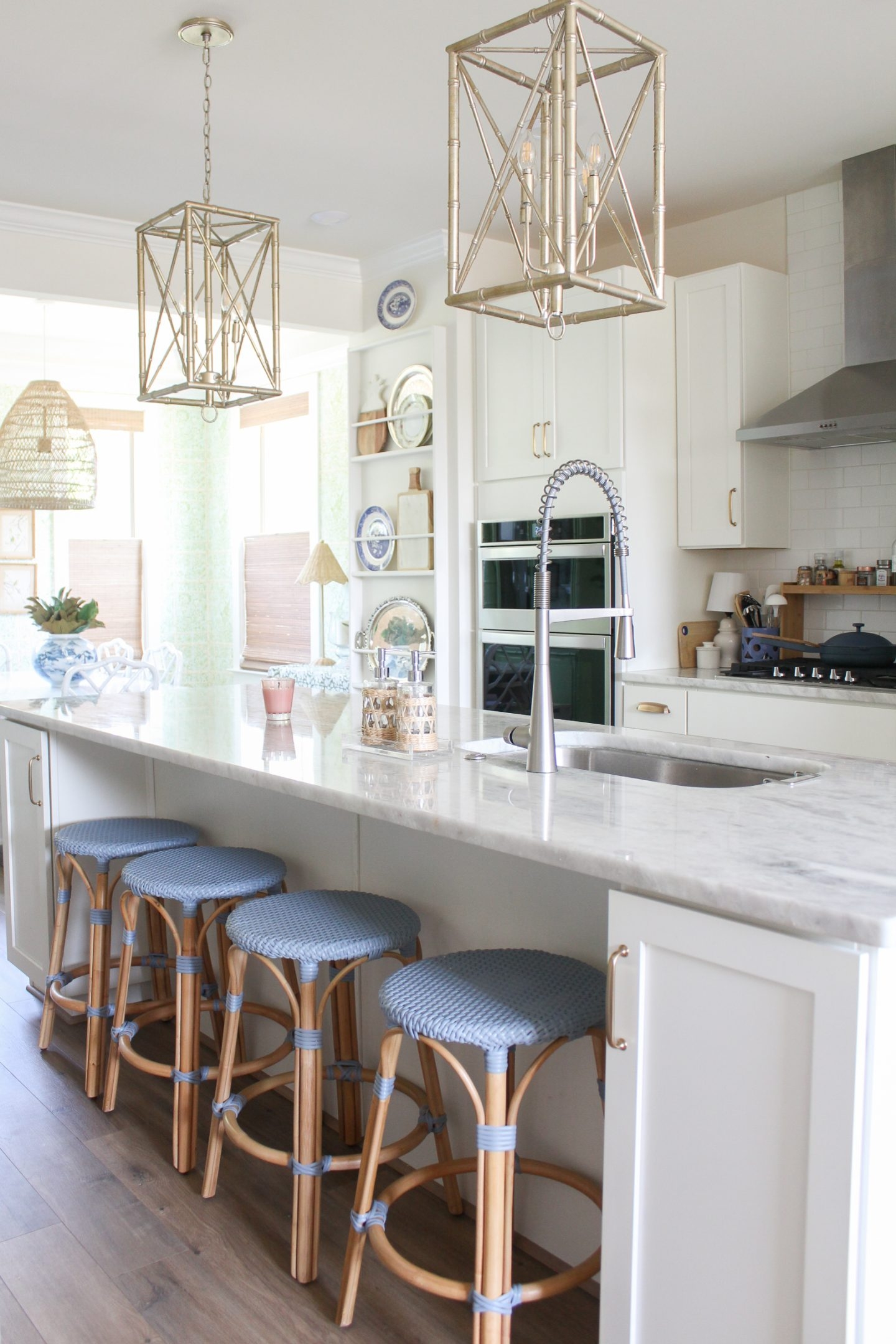 Bar Stool with Woven Blue Seats in Bentwood Bistro Silhouette