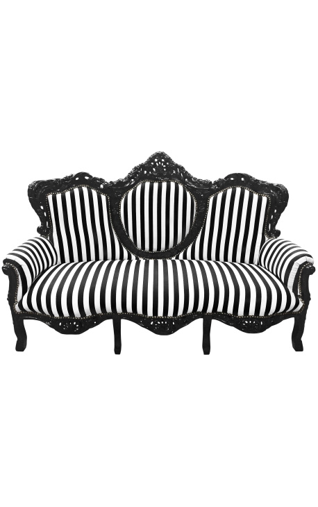 Baroque Sofa Ornate Carvings Black Glossy Wood Frame