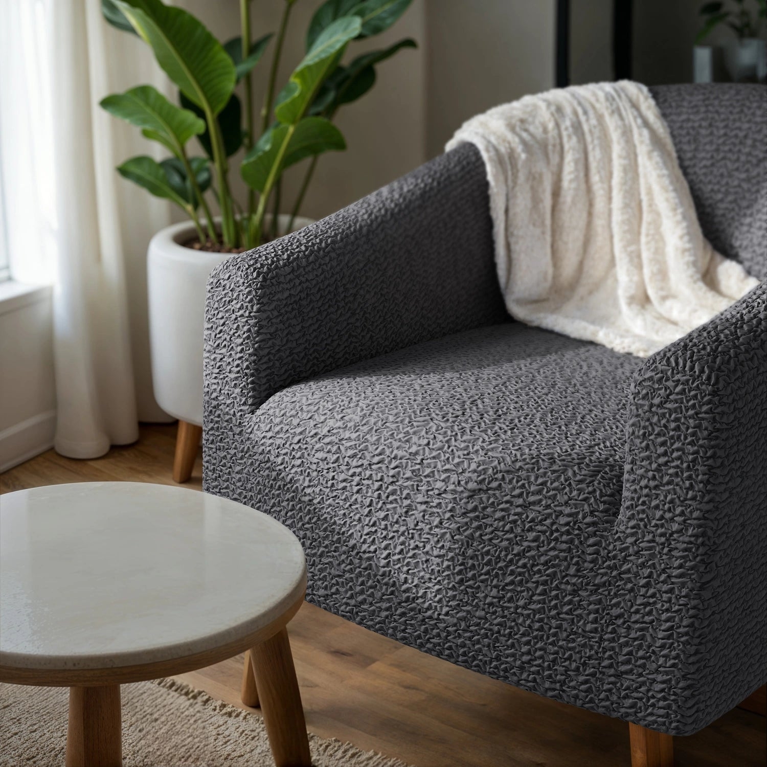 Barrel Chair Charcoal Grey Puckered Texture Accent Wrap