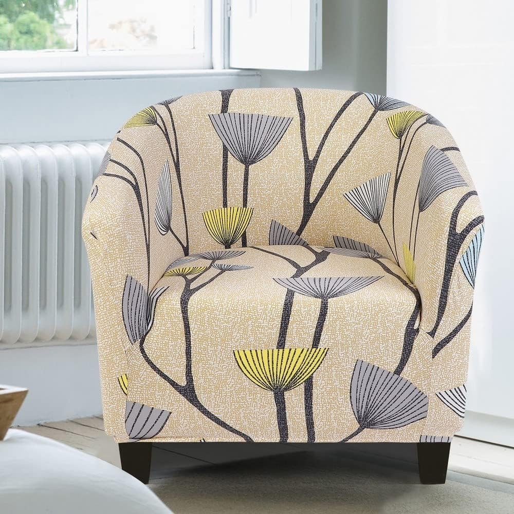 Barrel Chair Mustard Yellow Botanical Print Accent Seat