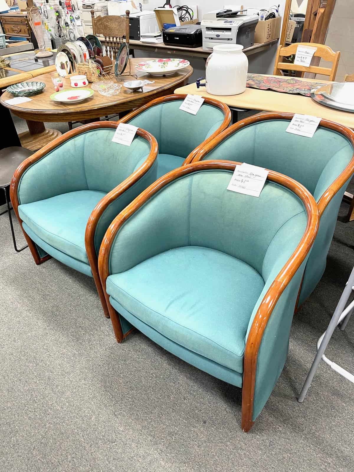 Barrel Chair Teal Fabric Curved Bentwood Trim Accent Seat