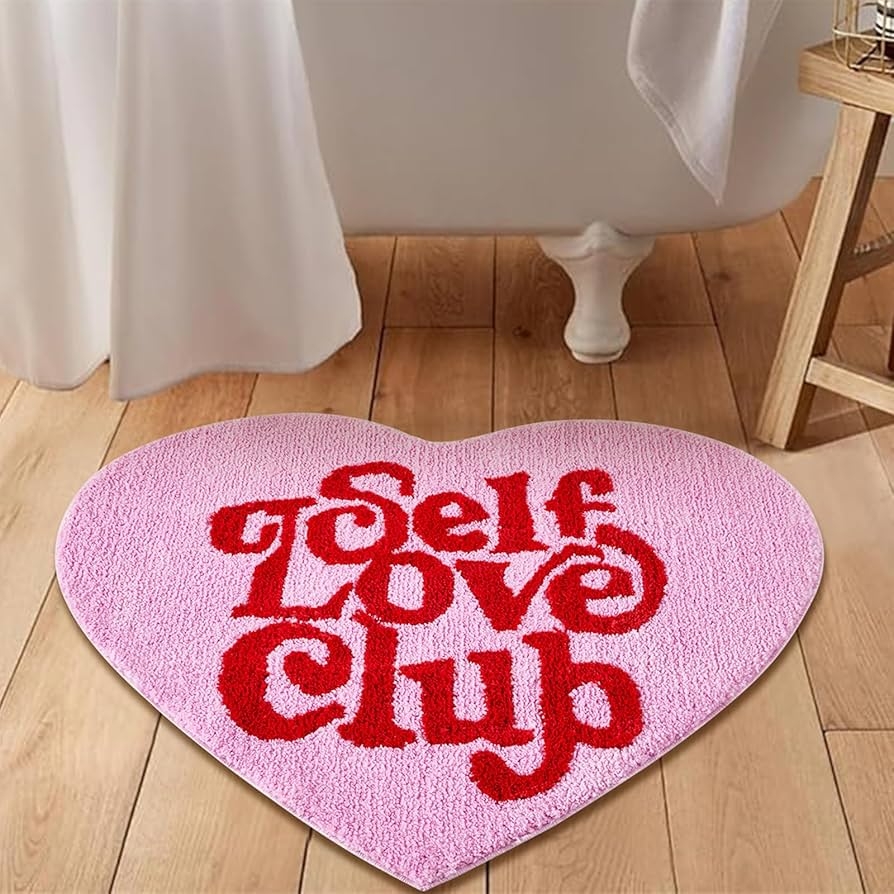 Bath Rug Typographic Print Red Heart Shaped Bath Mat