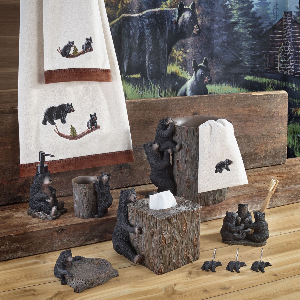 Bathroom Accessory Set Sculpted Bears and Lodge Wildlife Motif